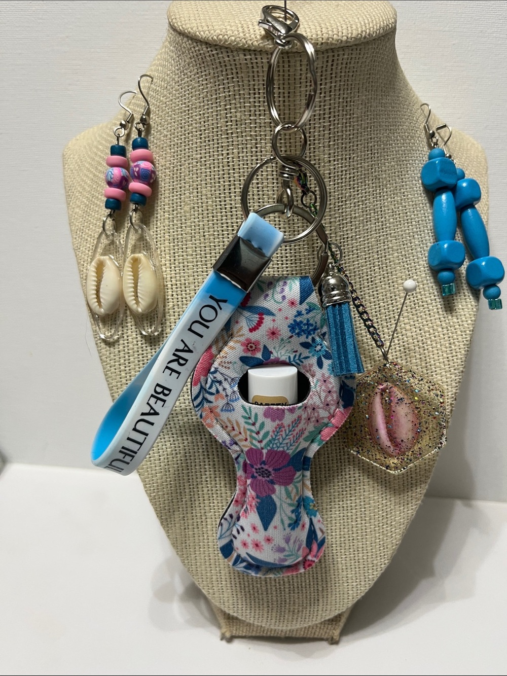Floral Blue Lip Balm Detachable Keychain You Are Beautiful Wristlet 2 pr Earring